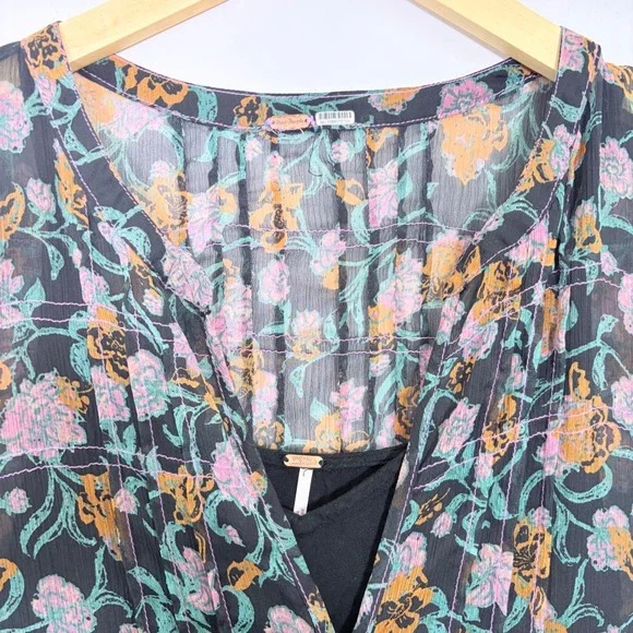 Free People See it Through Maxi Black Combo Large Long Sleeve Boho Flowy Tiered - Picture 5 of 11